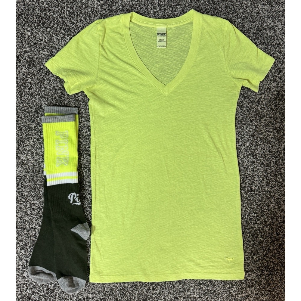 Victoria's Secret PINK Neon Green V-Neck TShirt Women's XS, Pair of PINK Socks